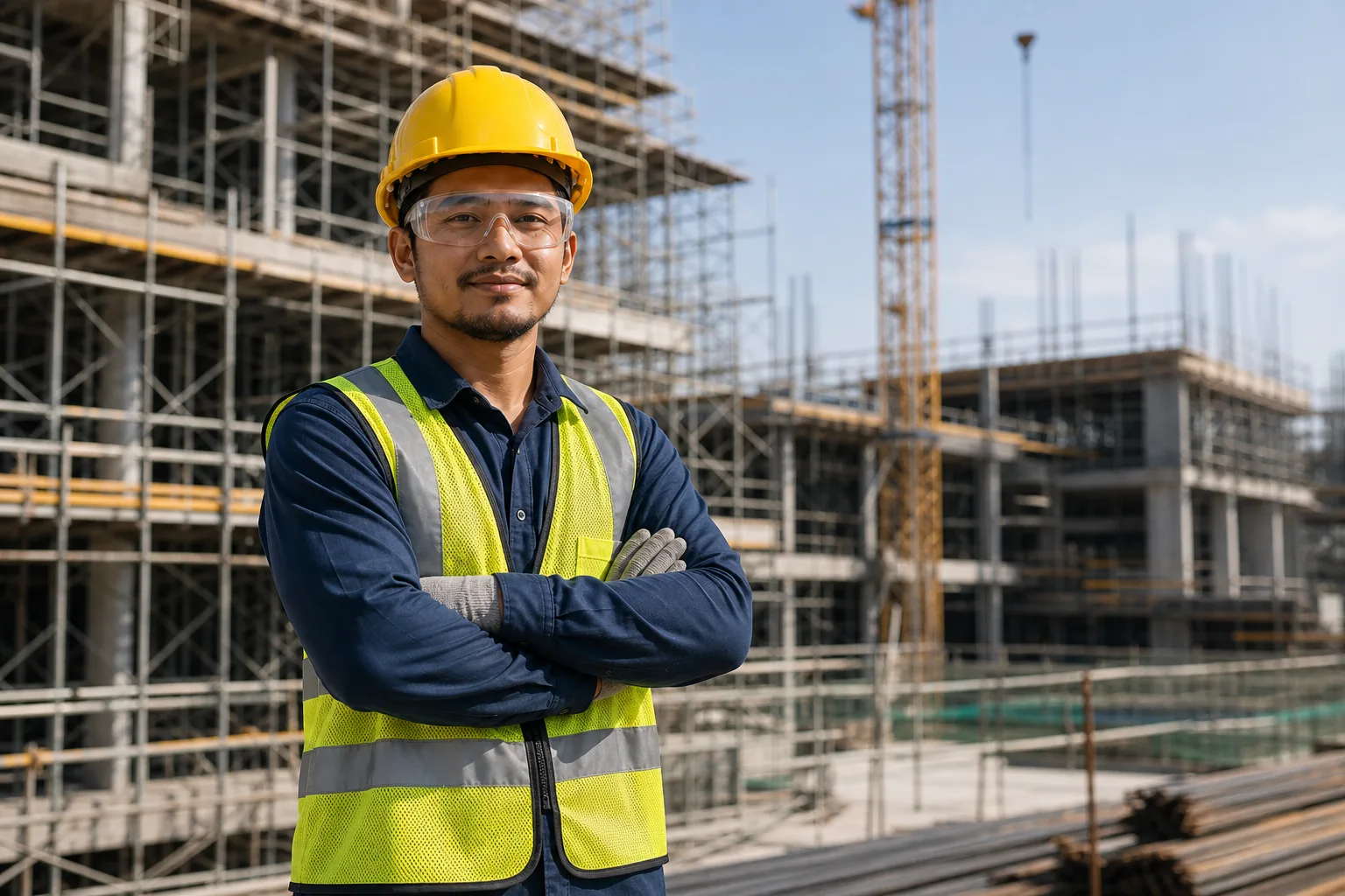 Construction worker wearing a yellow safety helmet and high-visibility vest at a Malaysian worksite